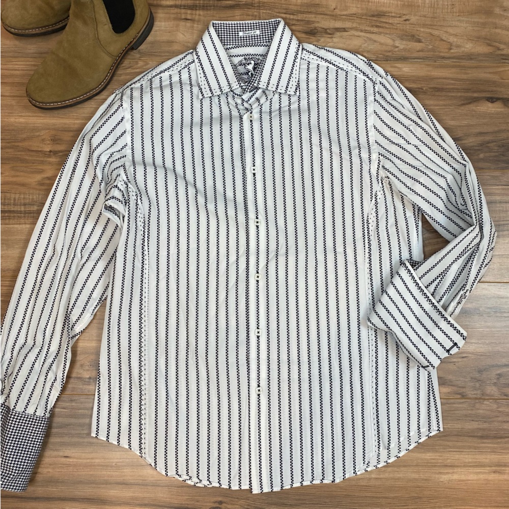 Bugatchi Uomo Shaped Fit Long Sleeve Button Down Black/White Striped Men's Large